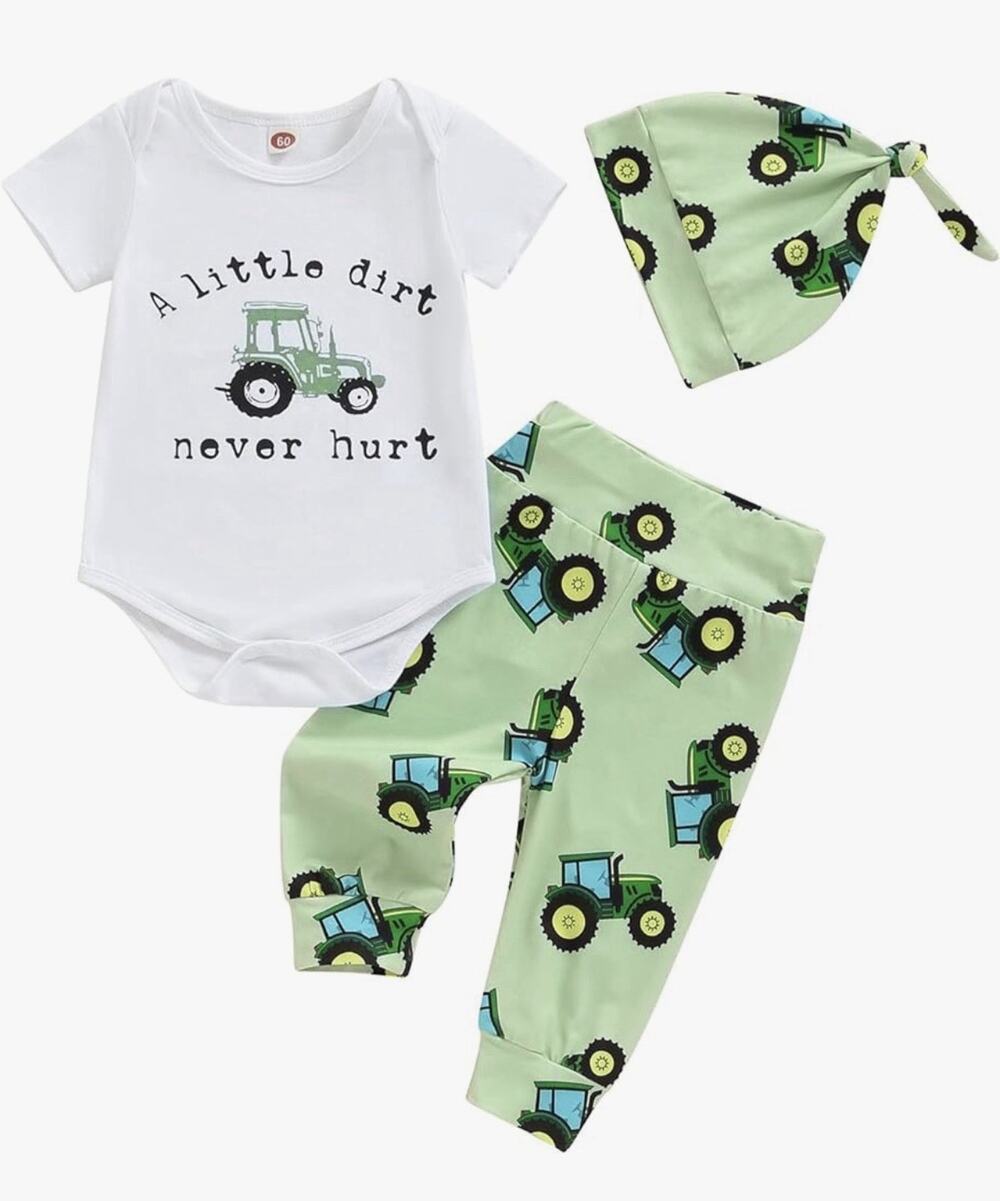 SAYOO Newborn Baby Boy Tractor Outfit, Bodysuit+Leggings+Hat, 3-6 Months